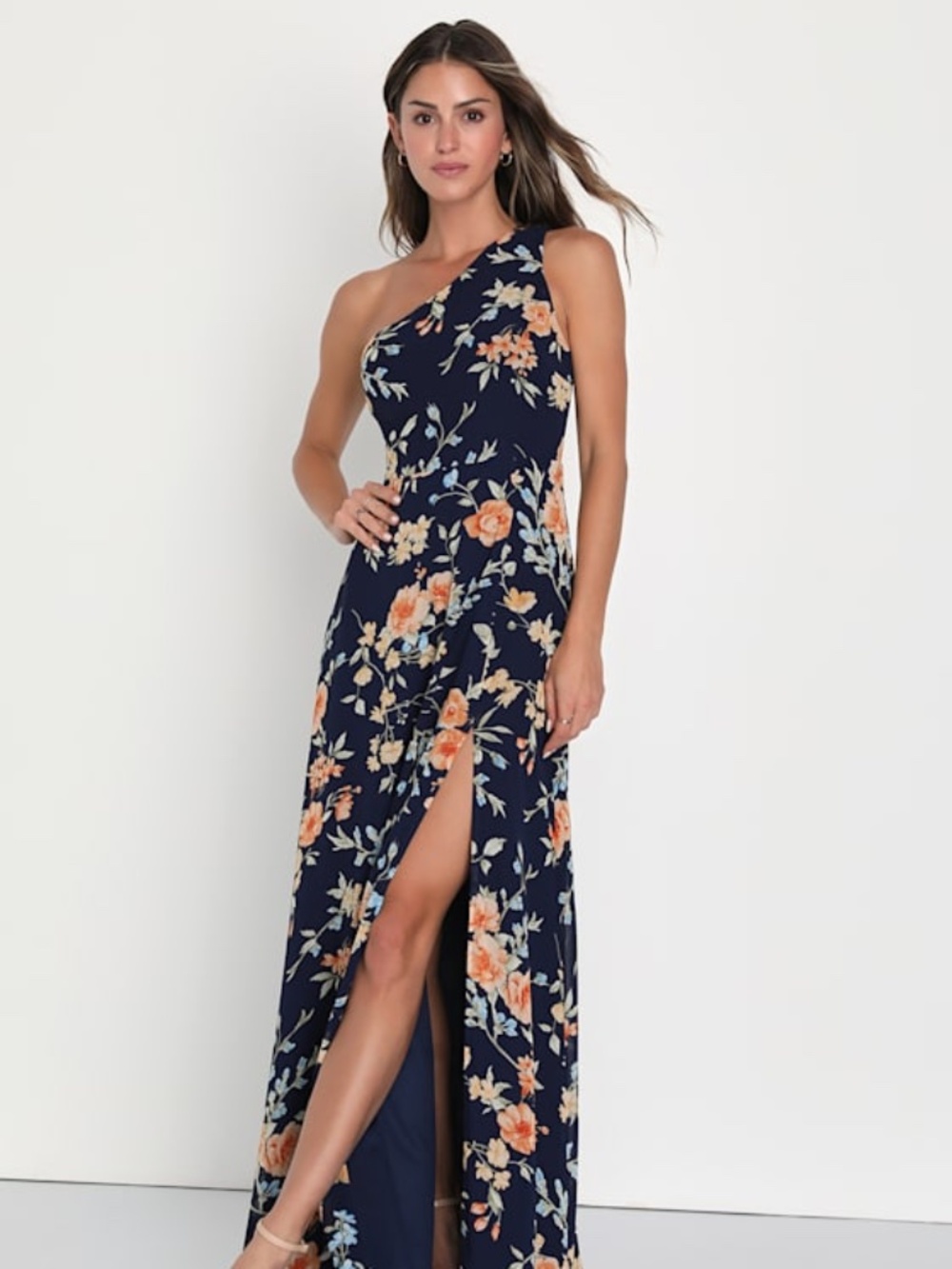 Lulus Elegant Admiration Navy Blue Floral One-shoulder Maxi Dress - Size M